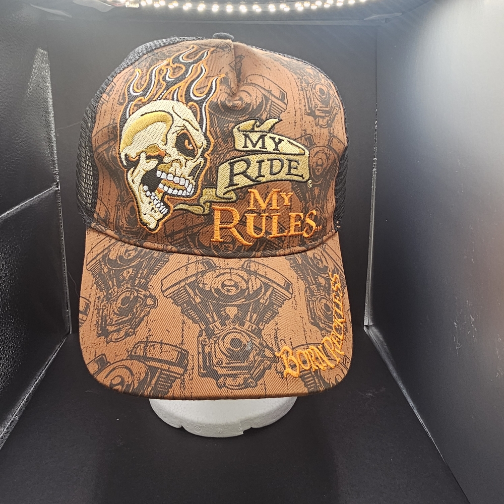 C7 Skull Trucker Hat My Ride My Rules Brown Mesh Snapback Biker Motorcycle Cap